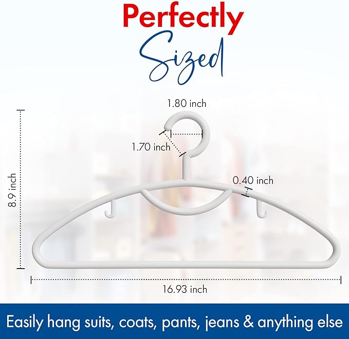 Plastic Clothes Hangers- 24 Heavy Duty Plastic Hangers for Clothes, Light Weight, Coats, Dress, Suits- Non Slip Cloth Hanger with Hook for Scarves, Belts & Ties- Snag Free White Hangers for Shirts