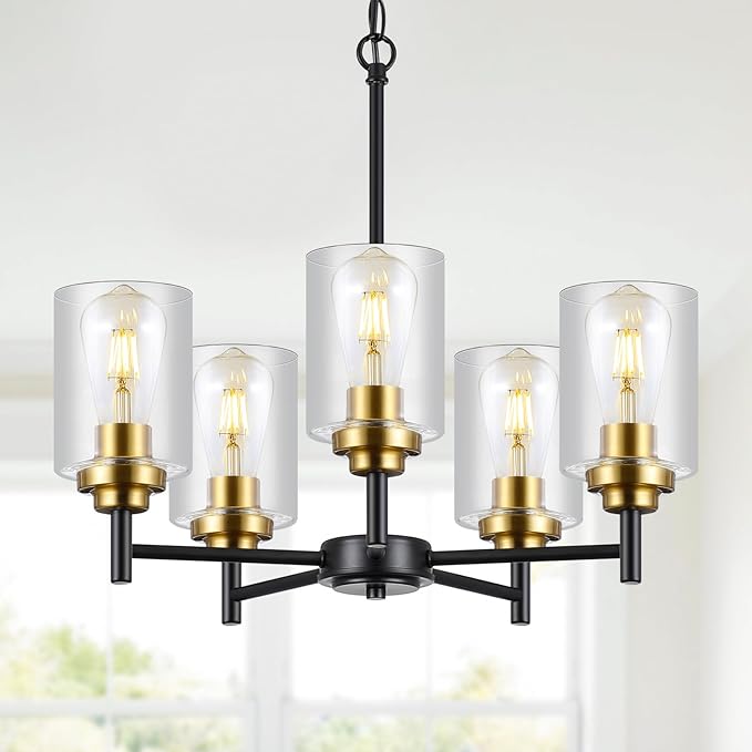 9MMML 5 Lights Glass Chandelier,Modern Kitchen Island Lighting Black and Gold Metal Dining Room Light Fixture for Living Room Foyer,E26