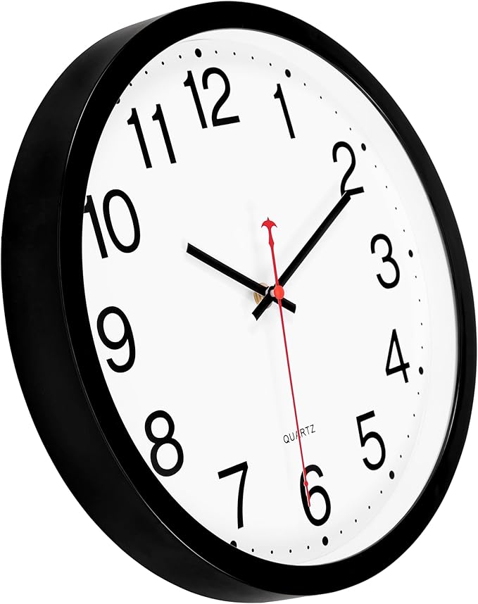Foxtop Black Wall Clock Silent Non-Ticking 12 Inch Quartz Battery Operated Round Analog Wall Clock for Classroom School Office Living Room Bedroom Home