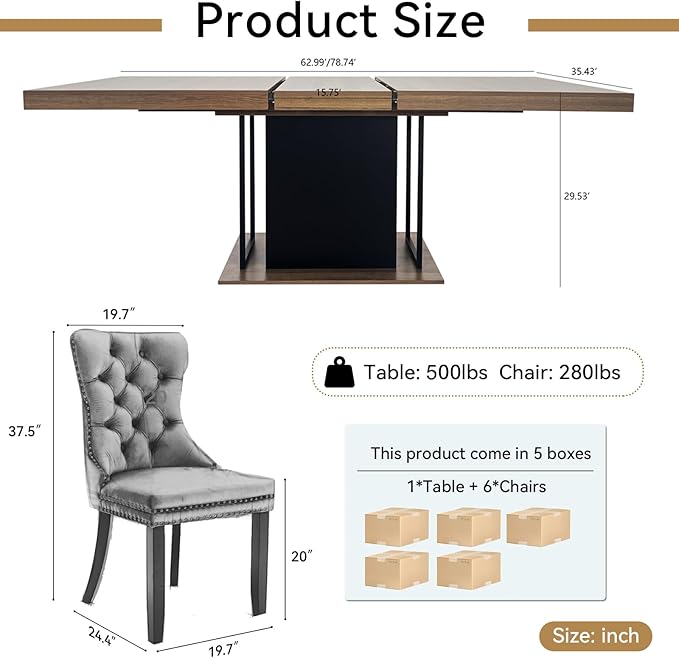 Goujxcy 78.7" Farmhouse Extendable Dining Room Table Set for 6, 7-Piece Rectangle Kitchen Dining Room Table Set with Wood Base and 6 Black Velvet Dining Chairs, Extending Kitchen & Dining Table Set