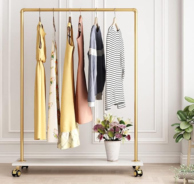 Gold Metal Clothing Rack with Wood Shelf, Heavy Duty Rolling Garment Rack with Wheels for Bedroom Retail Boutique Use (49.21L inches)