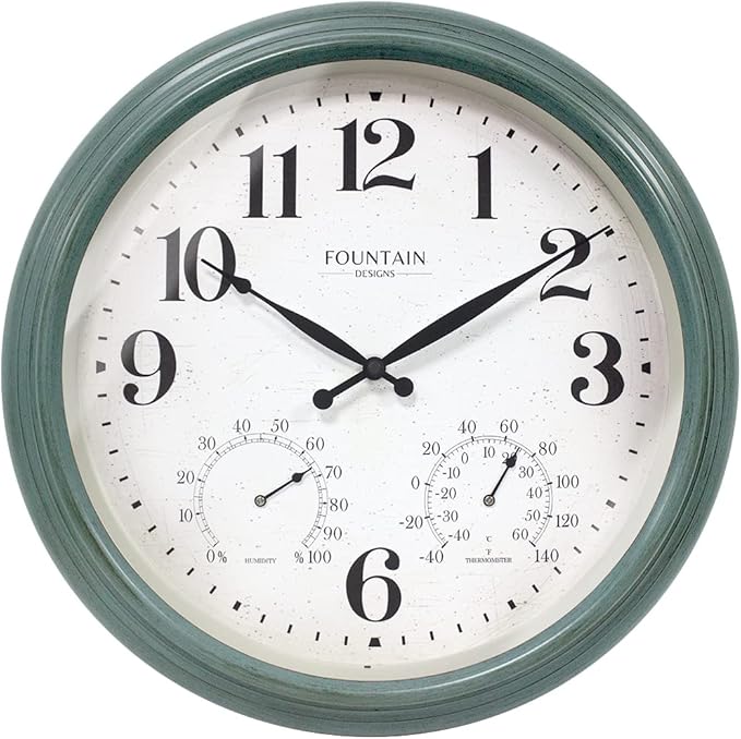 Maison in/Outdoor Clock with Thermometer, 2 in One Weather Station (Weather Thermometer/Wall Decoration) (Aged Teal, 18 inch)