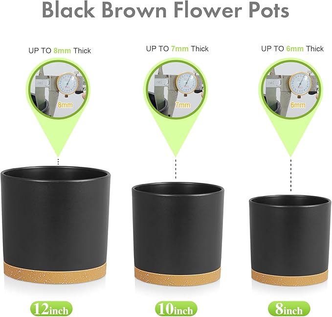 12/10/8 inch Large Deep Plant Pots, 3 Pack Tall Cylinder Flower Pots for Outdoor Indoor Plants, Plastic Planters with Drainage Holes and Saucers for Garden Porch House Plants, Black