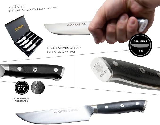 KANKA Steak Knives Set of 4 – German Stainless Steel Knife Set with 5" Blades & G10 Fiberglass Handle – Dishwasher Safe – Premium Steak Knife Gift Box