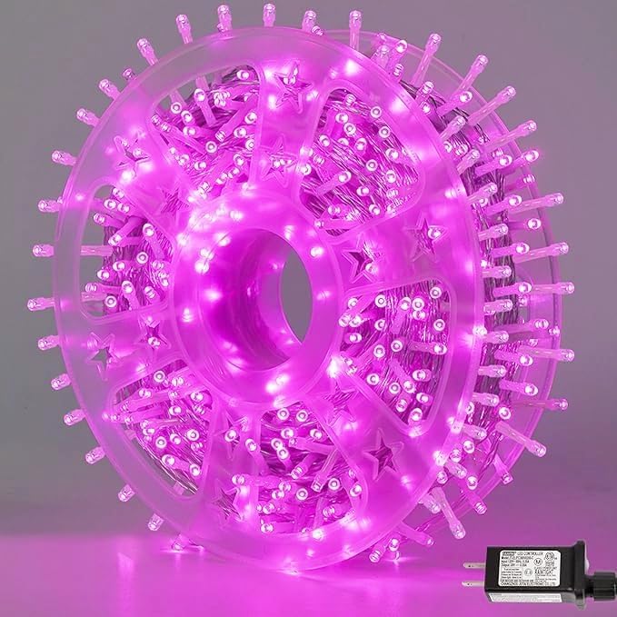 QITONG 165ft 500 LED Pink String Lights, 8 Modes Christmas Lights Plug-in, Clear Wire Pink Lights Indoor Outdoor