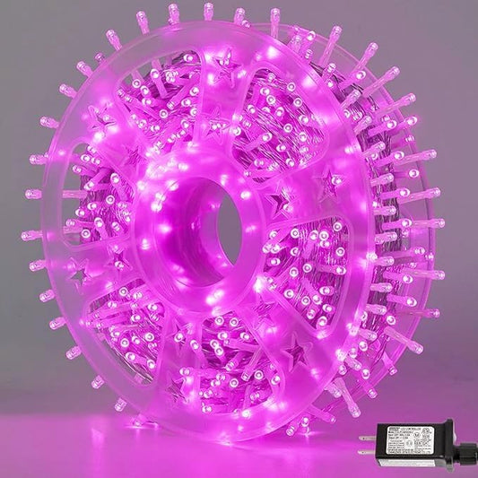 QITONG 165ft 500 LED Pink String Lights, 8 Modes Christmas Lights Plug-in, Clear Wire Pink Lights Indoor Outdoor