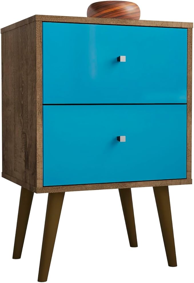 Manhattan Comfort Liberty Mid Century Modern Nightstand with Drawers, Bedside Table for Bedroom and Living Room, Night Stand Accent Decor, Easy Assembly, Rustic Brown/Aqua Blue
