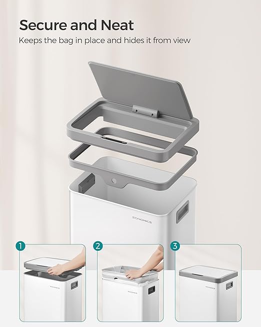 SONGMICS Motion Sensor Trash Can, 18-Gallon (68L) Automatic Kitchen Garbage Can with Stay-Open Lid, Soft Close, Stainless Steel, 15 Trash Bags Included, Cloud White ULTB630W68