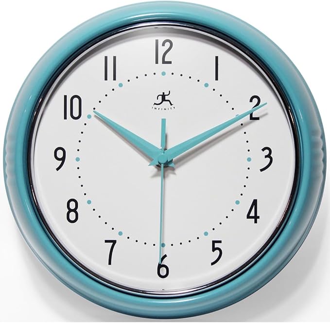 Infinity Instruments LTD. Retro 9 inch Silent Sweep Non-Ticking Mid Century Modern Kitchen Diner Wall Clock Quartz Movement Retro Wall Clock Decorative (Turquoise)…