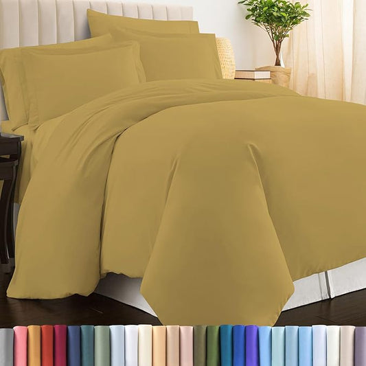 Pizuna Pure 100% Cotton Full Duvet Cover Set, Luxurious 400 Thread Count Long Staple Cotton Sateen Weave with Button Closure (Combed Mustard Gold Cotton Duvet Cover Full)