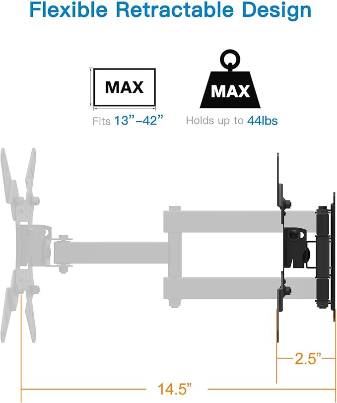EVERVIEW Full Motion TV Monitor Wall Mount Bracket Articulating Arms Swivel Tilt Extension Rotation for Most 13-42 Inch LED LCD Flat Curved Screen Monitors & TVs, Max VESA 200x200mm up to 44lbs