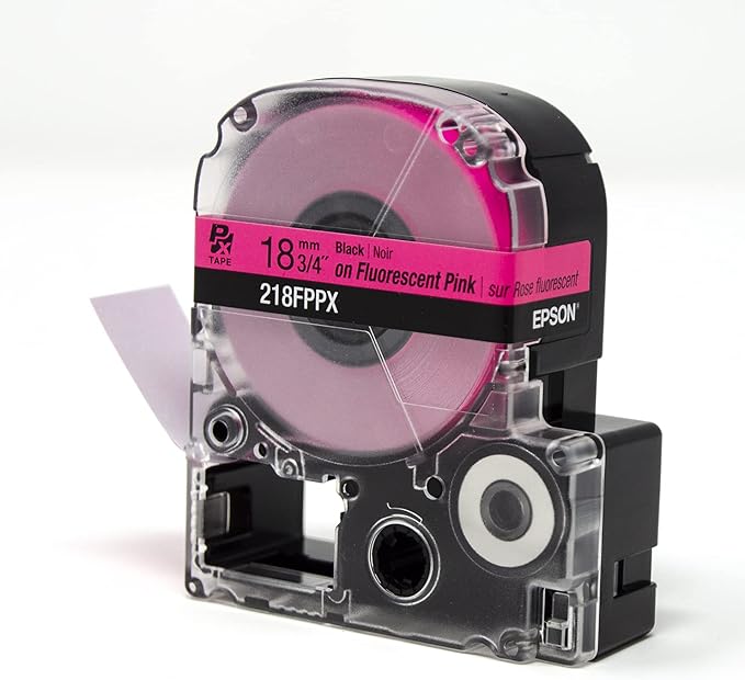 Epson LABELWORKS 218FPPX Genuine PET (Polyester) Tape Cartridge - Black on Fluorescent Pink Label Maker Tape - 3/4" (18MM) Wide, 30'