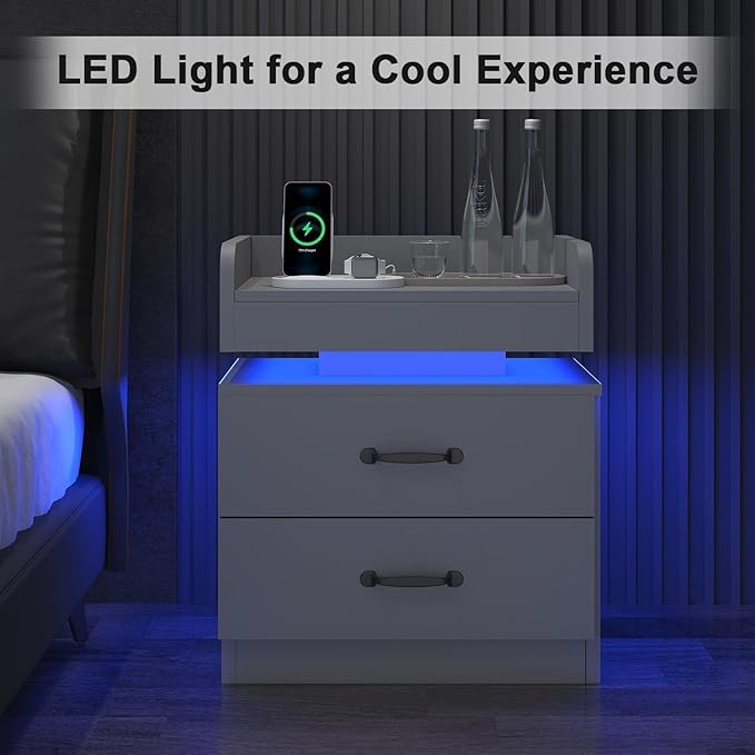 Nightstand with Charging Station, Night Stand with LED Lights, Modern Led End Table, Nightstands Set of 2, Night Stand with 2 Drawers, Bed Side Table with Storage for Living Room (2, Grey)