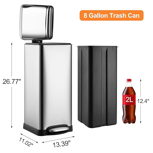 30 Liter/8 Gallon Kitchen Trash Can, Fingerprint-Proof Stainless Steel Garbage Can with Soft Close Lid, Foot Pedal, Removable Inner Bucket for Home, Office, Bedroom, Bathroom, Silver