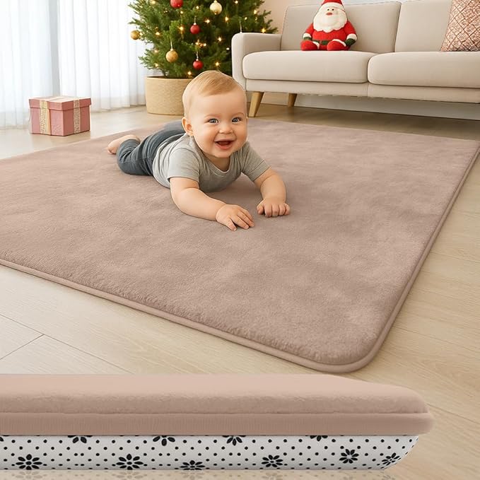 Thick Padded Baby Floor Play Mat 1.2" Cushioned Velvet Surface Non Slip Bottom High Density Foam Safe and Soft Floor Mat for Infants Toddlers and Playpen Use (Lightbrown, 79X71)