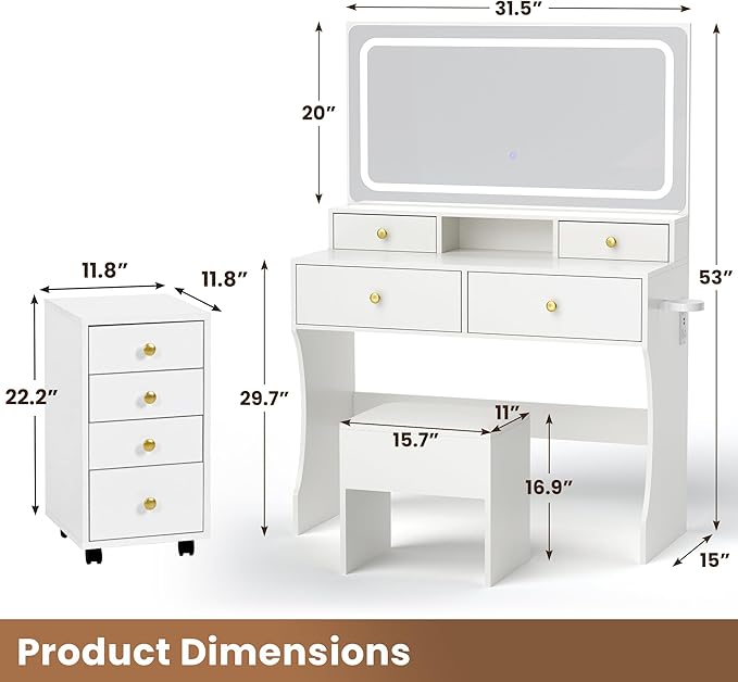 Pamapic Vanity Desk with File Cabinet, 8 Drawers Makeup Vanity with Mirror and Lights,3 Lighting Modes Dressing Table with Chair, Power Outlet, Silent Slides, White