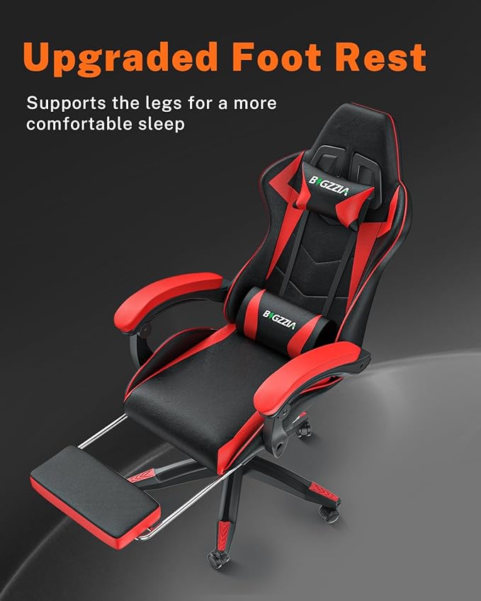 Gaming Chair with Footrest, High Back Ergonomic Computer Gamer Chair with Headrest and Lumbar Support, Racing Style Reclining Game Chair for Adults, Kids (Red-Black)