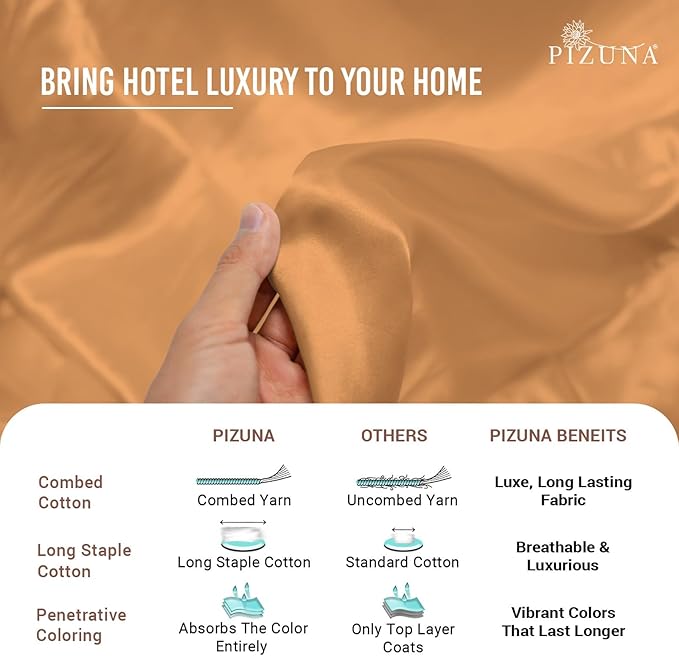 Pizuna Pure 100% Cotton Queen Duvet Cover Set, Luxurious 400 Thread Count Long Staple Cotton Sateen Weave with Button Closure (Combed Apricot Orange Cotton Duvet Cover Queen)