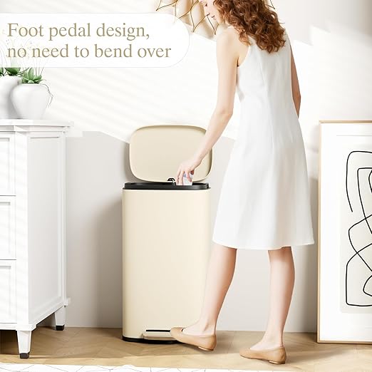 AthLike Trash Can, Stainless Steel Kitchen Garbage Can, Step Waste Bin with Hinged Lid and Removable Inner Bucket, Soft-Close, Dustbin for Bathroom Bedroom Living Room Home (Beige, 8 Gal)