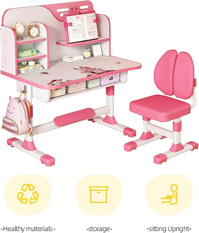 Premium Kids Study Desk Chair Set,Height Adjustable Children's Desk and Chair School Study Table Chair with Astronaut Pattern,Ergonomic Desk Chair with Writing Board, Bookshelf and Drawer Pink
