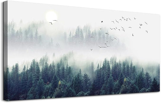 Canvas Wall Art for Living Room - Misty Forests of Evergreen Coniferous Trees in an Ethereal Landscape - Modern Home Decor The bedroom wall art Stretched and Framed Ready to Hang 24" x 48" wall decor