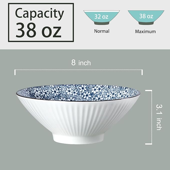 38 oz Japanese Ramen Bowl Set of 6 - Large 8 Inch Ceramic Soup Bowls, Blue and White Japanese Noodle Bowls for Pho, Ramen, and Salad - Cherry Blossom Floral Patterns