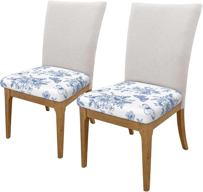 Seat Covers for Dining Room Chairsset of Set of 6, Blue White Floral Butterfly Flower French Stretch Chair Seat Covers Cushion Slipcovers for Kitchen Office