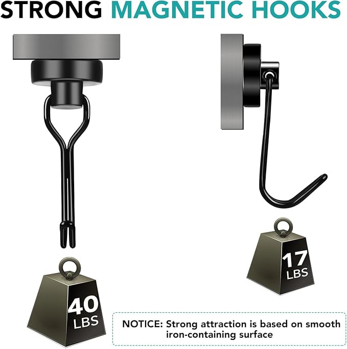 DIYMAG Black Magnetic Hooks, 110LBS Strong Magnetic Hooks Heavy Duty, Strong Magnet Hooks with Metal Hanger for Hanging Refrigerator Home Kitchen Office, 16Pack