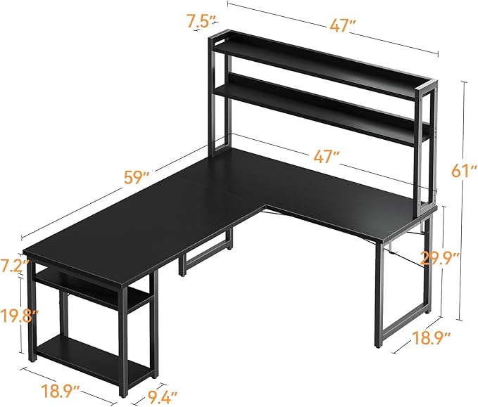 ODK 59 Inch L Shaped Gaming Desk with Hutch, Computer Desk with Storage Shelves, L Shaped Desk for Home Office, Corner Desk with Headphone Hook, Black