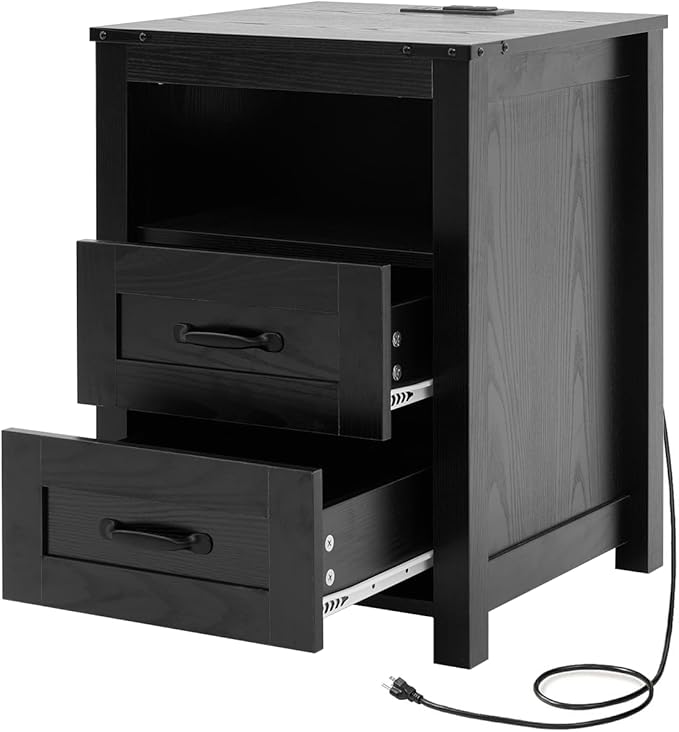 Farmhouse Nightstand with Charging Station & Drawers, Black Wood Bedside Table, End Table with 2 Storage Drawers & USB Ports for Bedroom, Dorm，Black