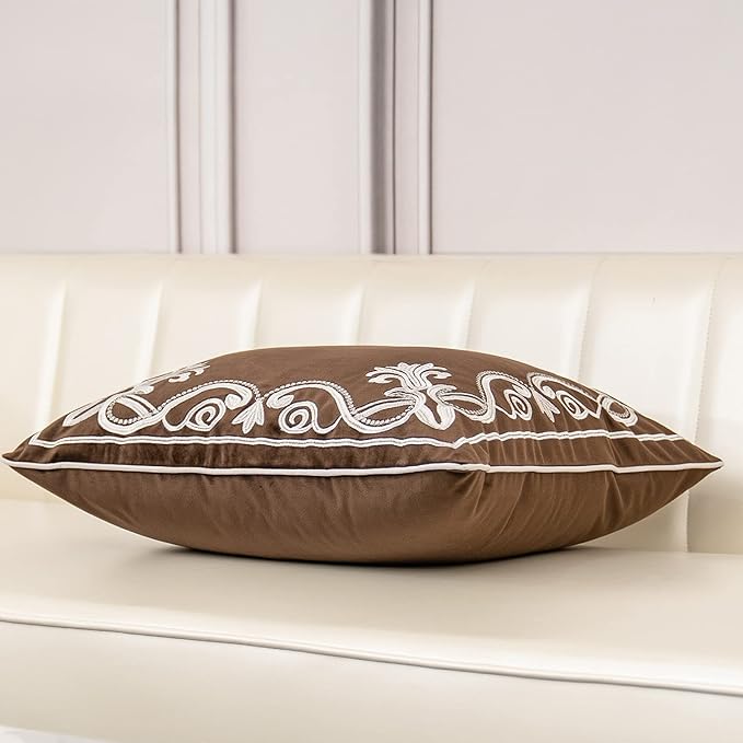Aeckself European Floral Pillow Cover 18x18 Inch, Luxury Velvet Embroidered Decorative Throw Pillow Cover for Couch Bedroom Living Room, Brown and White