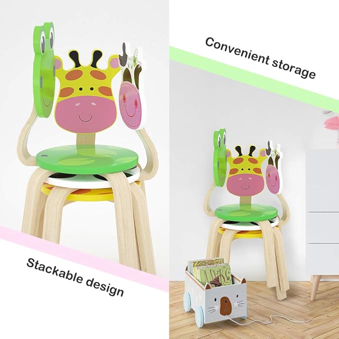 iPlay, iLearn 2 PCS Wooden Kids Chair Sets, Natural Hardwood 2 Cow Animal Children Chairs, Furniture Set for Toddlers Kids Boys Girls, Stackable for Playroom, Nursery, Preschool, Kindergarten