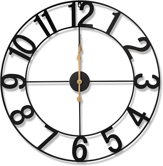 30-Inch Silent Non-Ticking Indoor Outdoor Wall Clock, Battery Operated Vintage Farmhouse Metal Clock with Arabic Numerals for Patio, Pool, Garden, Living Room, Kitchen Decor - Black