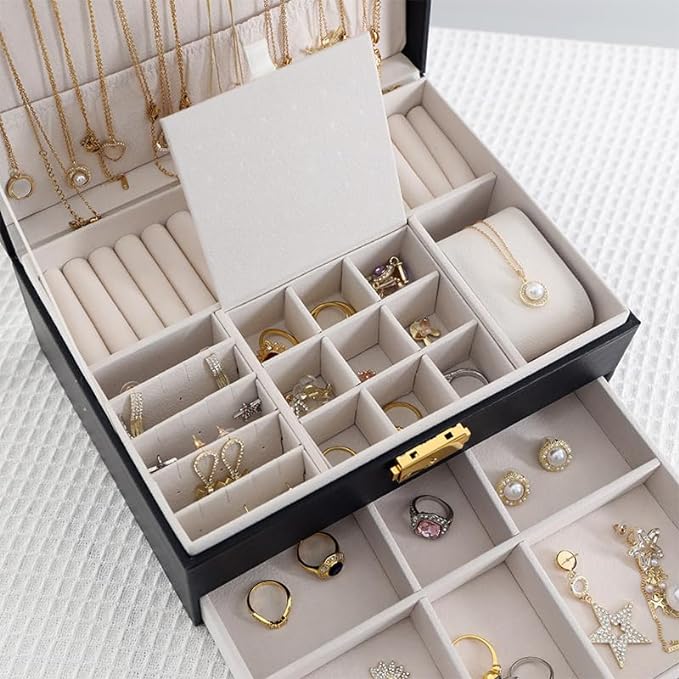 Jewelry Box for Women Girl Wife - Large PU Leather Jewelry Organizer Storage Case with Two Layers Display for Earrings Bracelets Rings Watches (Black)