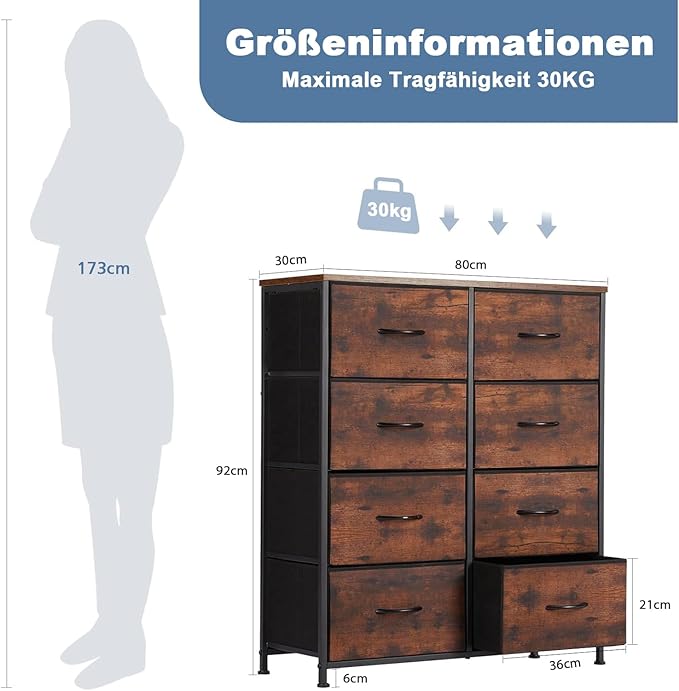 DUMOS Dresser for Bedroom with 8 Fabric Drawers, Tall Chest Organizer Units for Clothing, Closet, Kidsroom, Storage Tower with Cabinet, Metal Frame, Wooden Top, Lightweight Nursery Furniture, Brown