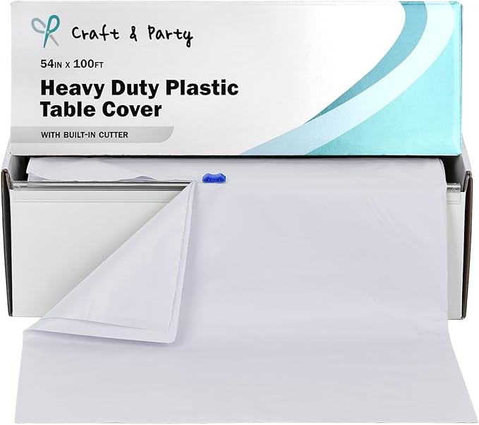 Craft And Party, 54 in x 100 feet Plastic Table Cover Roll for Party, Banquet, Picnic, Kids Activities for Any Size and Shape Table (White, 54" x 100ft)