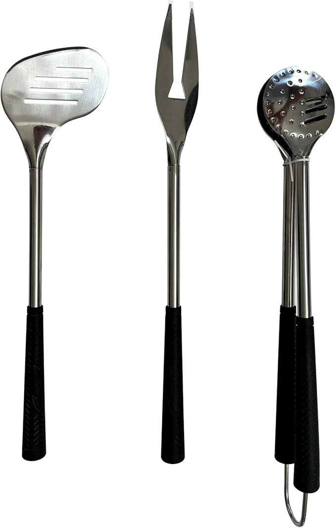 Outset Stainless Steel Golf Club Grill Tool Set, Includes Tool Golf Bag, Spatula, BBQ Fork, and Tongs