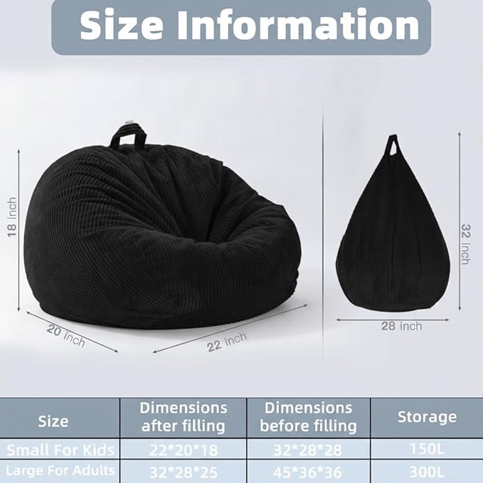 Stuffed Animal Storage Bean Bag Cover (No Filler), Corduroy Kids & Toddler Bean Bag Chair for Teens & Adults, Toy Storage Organizer, Comfy Sofa for Playroom (Onyx Black, Kids (Cover Only）)