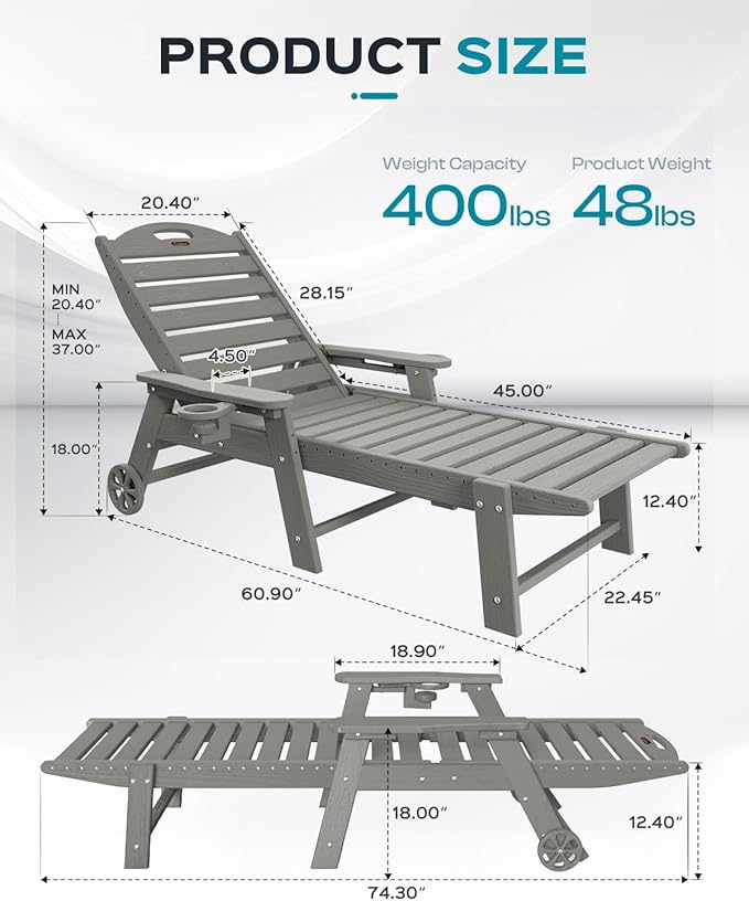 Outdoor Lounge Chair Set of 4, All Weather Patio Chaise Lounge Chairs for Outside, HDPE Chair with Rolling Wheels & Cup Holder, 5 Position, Deck, Pool, Grey