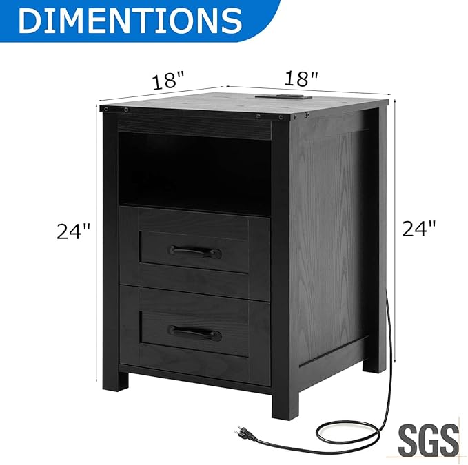 Farmhouse Nightstand with Charging Station & Drawers, Black Wood Bedside Table, End Table with 2 Storage Drawers & USB Ports for Bedroom, Dorm，Black