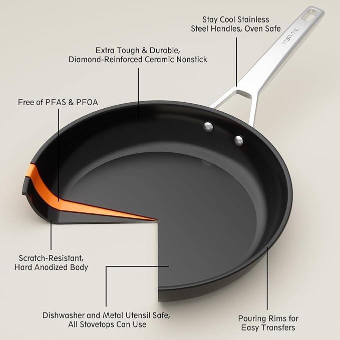 MsMk 5QT saute pan with Glass Lid, 11in Nonstick Deep Frying pans, Lasting Non stick, Oven safe to 700°F, Induction pots, Durable PFOA Free Non-Toxic