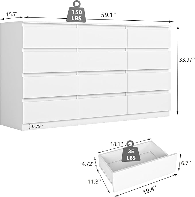 White Dresser for Bedroom,Modern Long 12 Drawer Dresser with Deep Drawer,Wood Storage Chest of Drawer, Bedroom Storage Organizer,TV Stand for Living Room