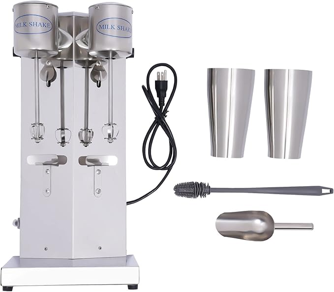 Milk Shaker Machine Double Head, 110V Commercial Stainless Steel Milk Shaking Machine, Electric Milkshake Maker with 2Pcs 800ml Cups, Speed Adjustable