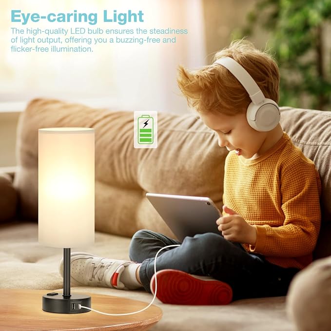 Grey Touch Bedside Lamp for Bedroom - 3 Way Dimmable Table Lamp USB C Charging Ports and AC Outlet, Small Desk Lamp for Living Room, Office, LED Bulb Included