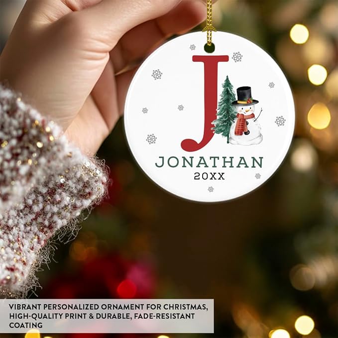 Andaz Press Personalized Ornament, Custom Name, Initial J Monogram Snowman 2.8" Ceramic Porcelain 2025 Christmas Ornament Keepsake for Kids, Boys, Girls, Initial Ornaments Monogram Ornament 1-Pack