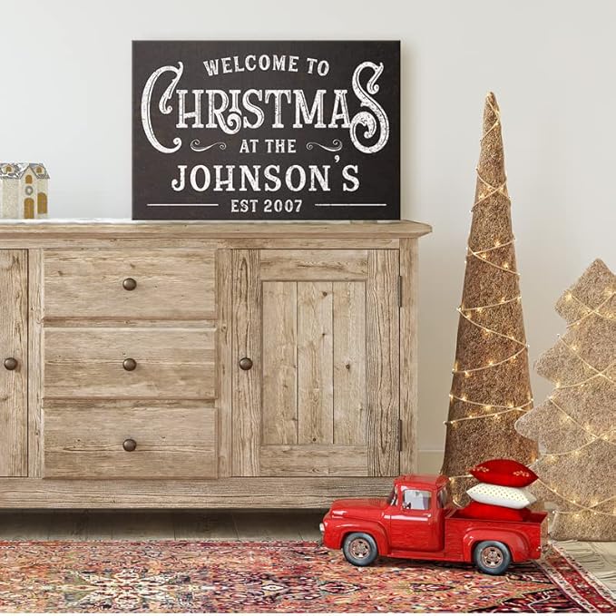 Milweb1 Personalized Family Name Welcome To Christmas/Rustic Vintage Farmhouse Holiday Decor Canvas Sign Holiday Decorations Wall Decor Print (32"x48")