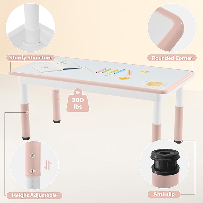 Adjustable Kids Table Chairs Set – Graffiti Desktop, Multi-Activity Height-Adjustable Toddler Study Desk for Ages 3-8 – Ideal for Home, Classroom, Daycare (B-Pink, 4 Chairs-47.2" L x 23.6" W)