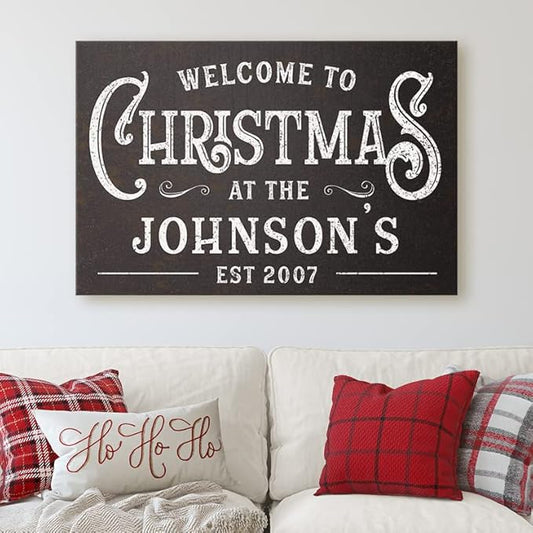 Milweb1 Personalized Family Name Welcome To Christmas/Rustic Vintage Farmhouse Holiday Decor Canvas Sign Holiday Decorations Wall Decor Print (24"x36")