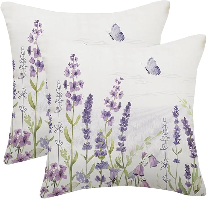 Spring Lavender Pillow Cover 20x20 Inch Set of 2, Purple Flowers Throw Pillow Covers Summer Watercolor Floral Decorations Linen Cushion Covers Farmhouse Home Decor for Sofa Couch Outdoor