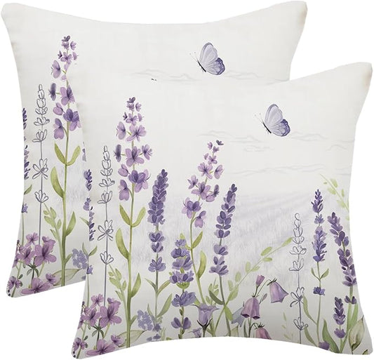 Spring Lavender Pillow Cover 20x20 Inch Set of 2, Purple Flowers Throw Pillow Covers Summer Watercolor Floral Decorations Linen Cushion Covers Farmhouse Home Decor for Sofa Couch Outdoor